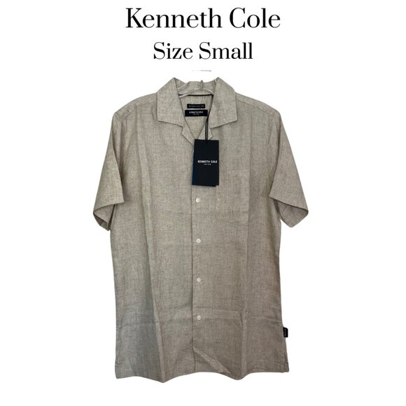 NWT Kenneth Cole men's  button down linen blend short sleeve shirt oatmeal small - Picture 1 of 11